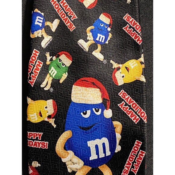 M&M Happy Holiday Christmas Tie Black with M&M's wearing santa hats - Picture 2 of 5